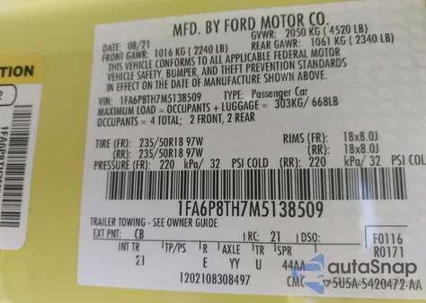 2021 Ford Mustang Ecoboost Fastback из США, поврежденный, VIN 1FA6P8TH7M5138509